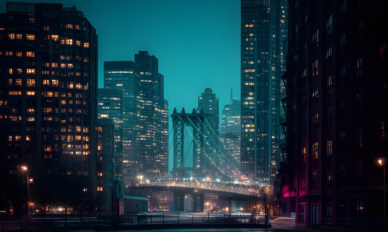 Brooklyn skyline at dusk with glowing office windows and a quiet bridge approach