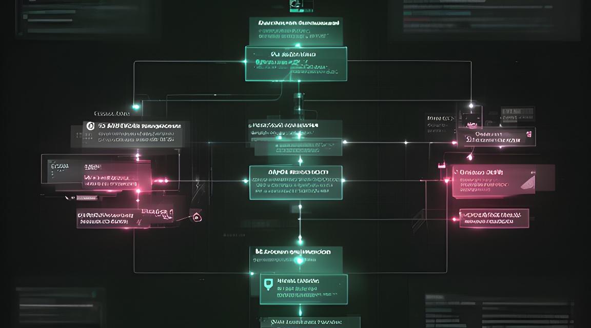 Security operations architecture on a dark dashboard with connected alert streams and briefing nodes