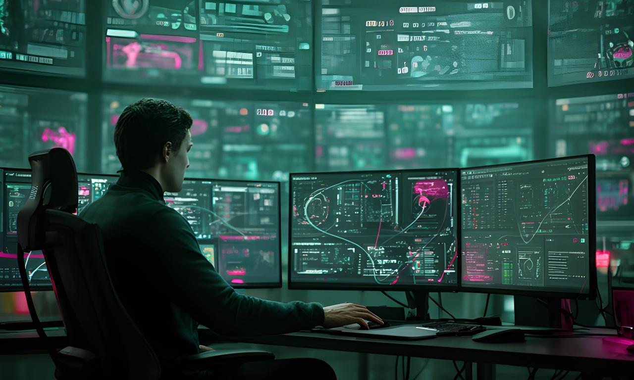 Dim control room with layered screens and an operator scanning AI briefing dashboards in a New York office