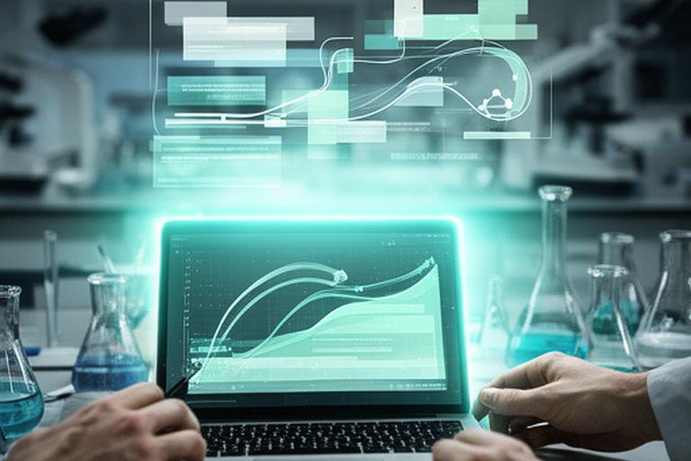 Researchers reviewing molecular data on a bright lab screen with layered digital briefing charts
