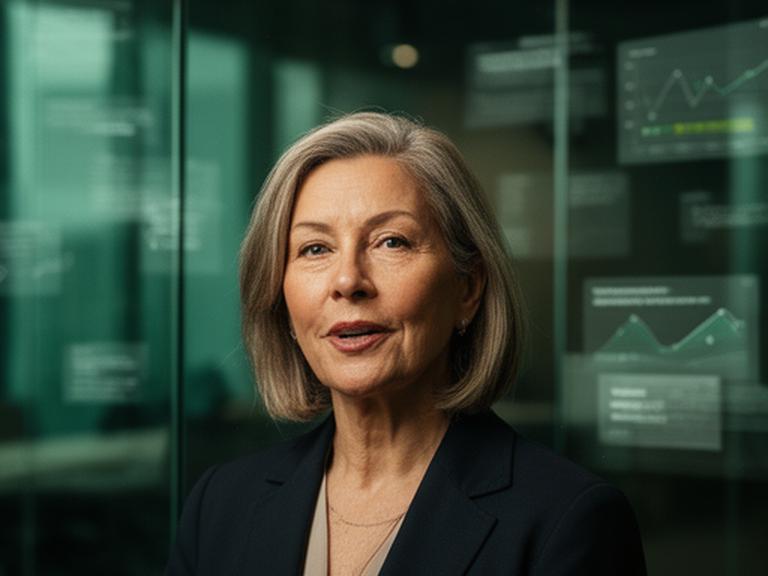 CEO Elaine Walsh speaking beside a glass wall in a Brooklyn office with product charts behind her