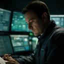 Logistics operations manager reviewing shift notes in a dim control room