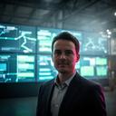 Operations director standing in front of a wall of route status screens in a logistics hub